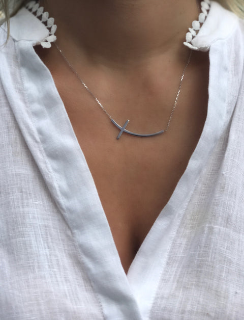 Curved Sideways Cross Silver Necklace - Artizen Jewelry